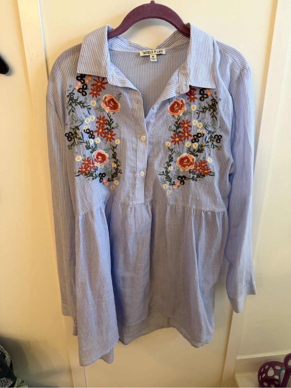 Striped Blue Embroidered Peasant Blouse